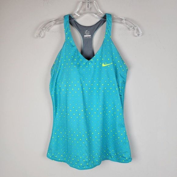 Nike Dri-Fit Teal Yellow Polka Dots Built-In Bra Racer Back Sports Tank Top S - Picture 1 of 9